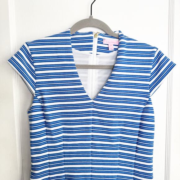Lilly Pulitzer Bree Dress Ottoman Stripe Bay Blue Striped Deep V-Neckline Medium - Picture 2 of 10